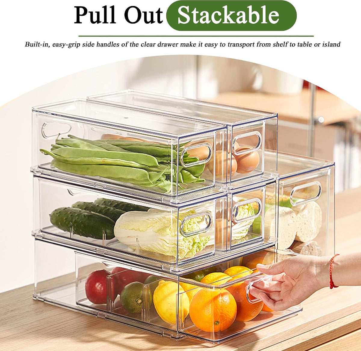 Refrigerator Organizers and Storage, 2 Pack BPA-Free Sturdy Stackable Clear Pull out Drawer Organizer Bins, Fridge Organizers and Storage for Fruit, Produce, Drink, Snack and Food Storage Containers