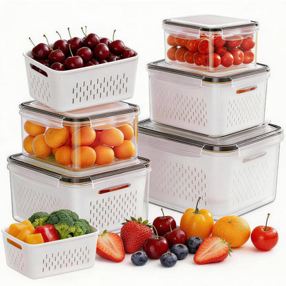 HOMETALL 8 Pack Fruit Storage Containers for Fridge, Produce Containers for Fridge with Colander, Leakproof Fridge Organizers and Storage for Berry Vegetable Salad Lettuce Meat Food