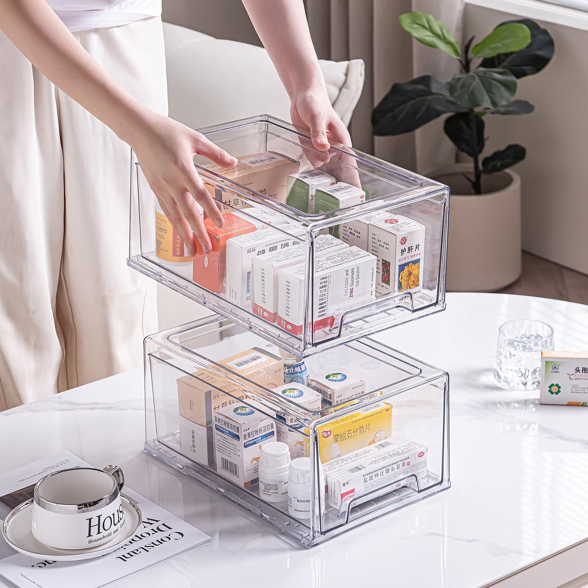 Pull Out Drawer Medicine Box for Safe Medication Storage, Large Refrigerator Storage Bin for Kitchen Food Safe, Tablet Box for Kids Home/Office Organize Ointments,2 Pack - Clear（ Medium）