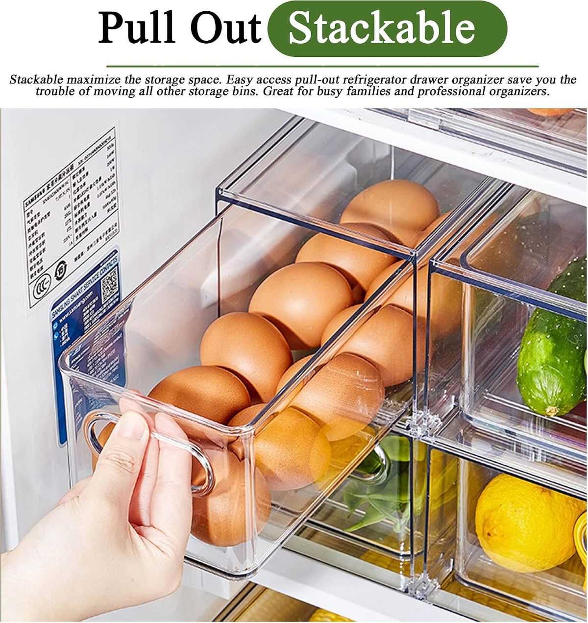 Refrigerator Organizers and Storage, 2 Pack BPA-Free Sturdy Stackable Clear Pull out Drawer Organizer Bins, Fridge Organizers and Storage for Fruit, Produce, Drink, Snack and Food Storage Containers
