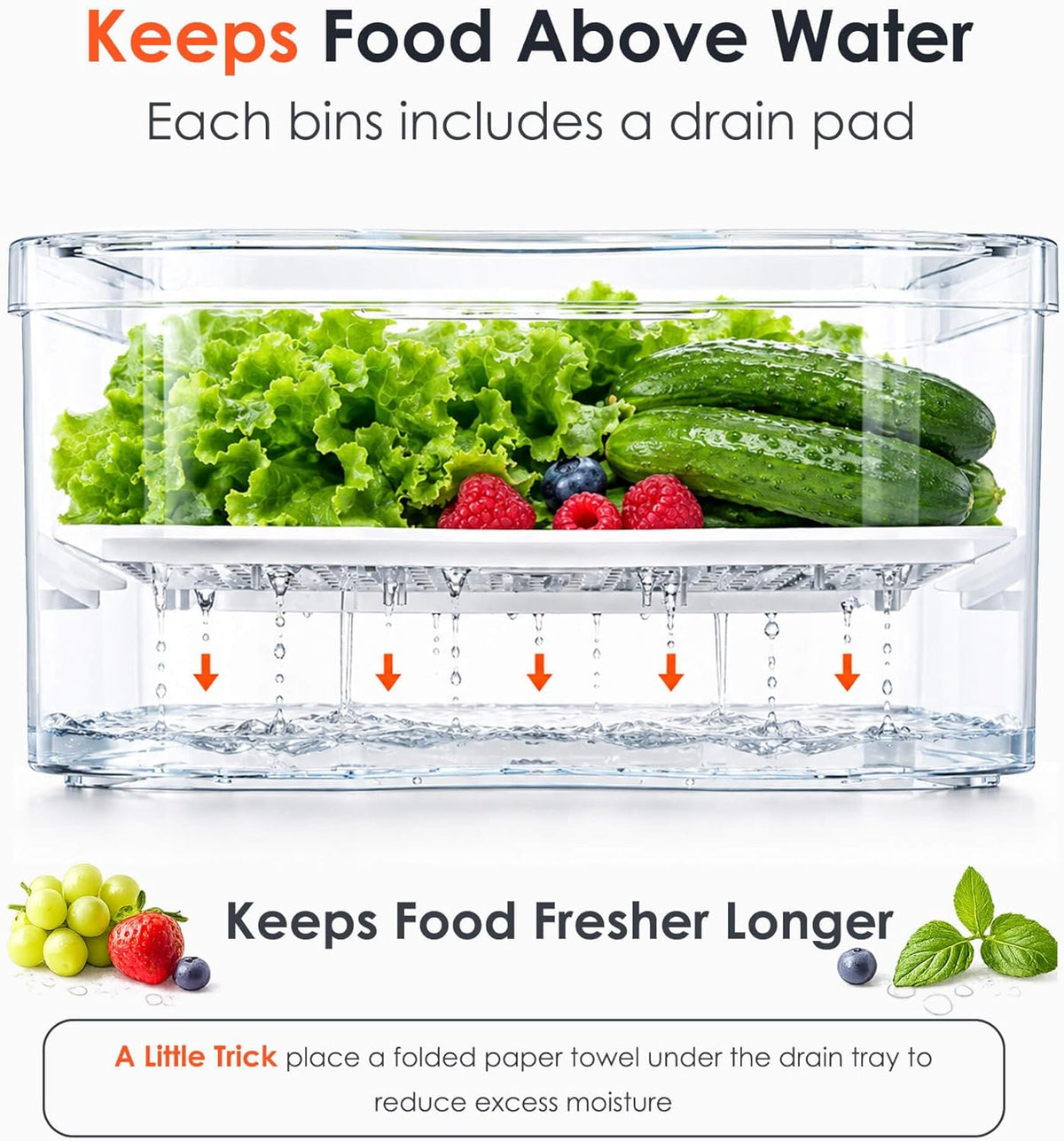 SMRCAD 6 Pack Clear Fridge Organizer Bins with Drain Trays - Stackable