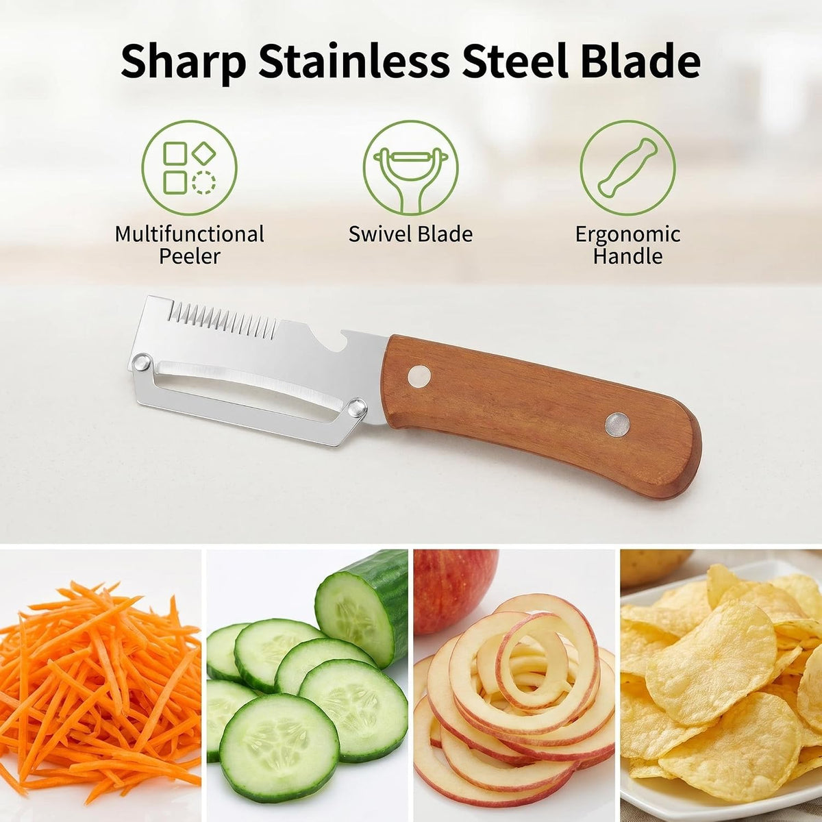 elite peeler and shredder, 2PCS Vegetable Peeler, 1.8mm Thickened Stainless Steel Blade, 3-in-1 Kitchen Peeler with Wood Handle for Peeling, Shredding & Bottle Opening, Potato, Carrot & Fruit