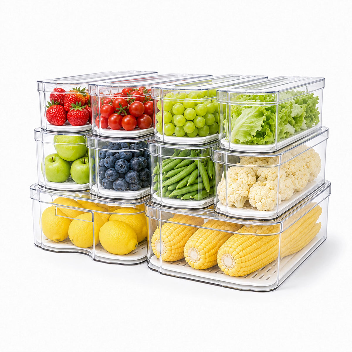 SMRCAD Clear Fridge Bins with Drain Trays - BPA-Free PET, Stackable(6 Pack)
