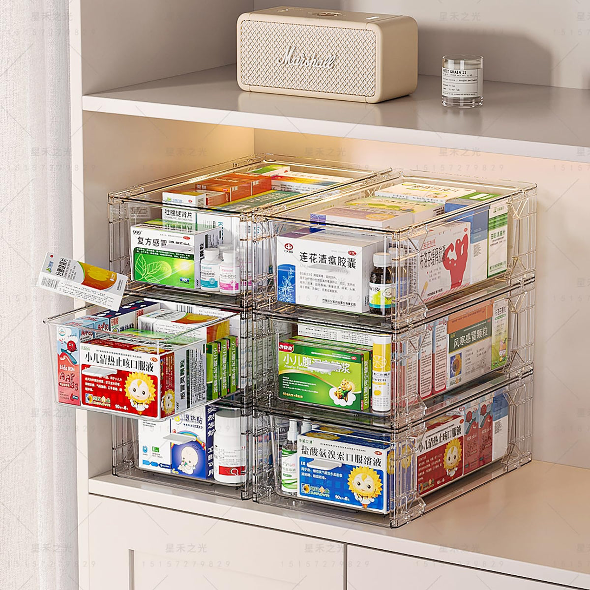 Pull Out Drawer Medicine Box for Safe Medication Storage, Large Refrigerator Storage Bin for Kitchen Food Safe, Tablet Box for Kids Home/Office Organize Ointments,2 Pack - Clear（ Medium）