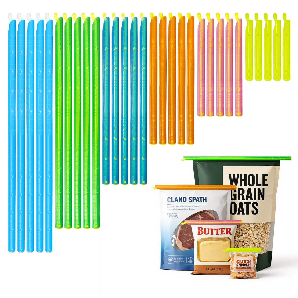 30Pcs Plastic Bag Sealer Slide Sticks, Reusable Bag Sealing Clips for Food, Cute Potato Chip Clips Crimper Bulk, Magic Snack Storage Bag Closers Holder for Kitchen Pantry Accessories (5 Lengths