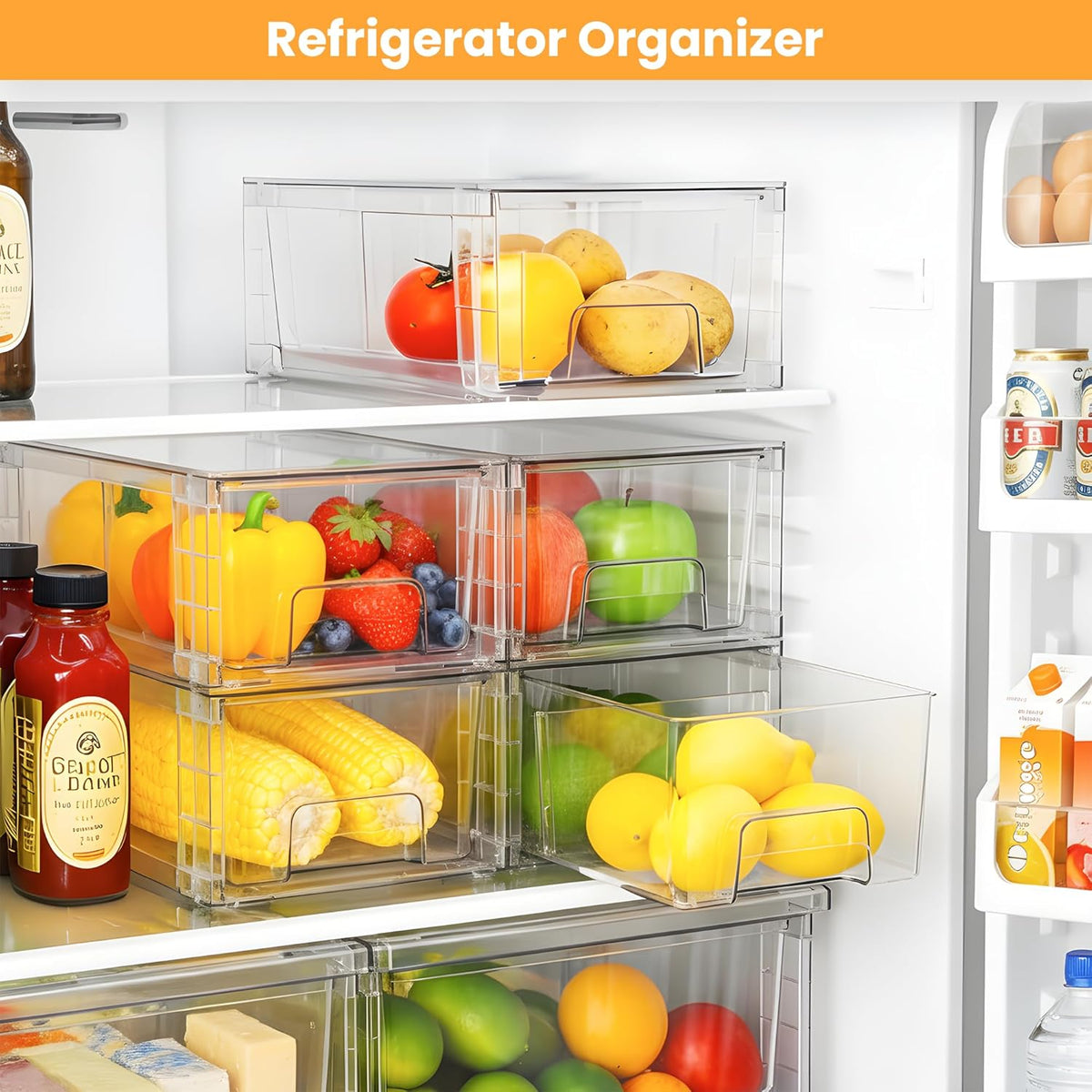 2 Pack Stackable Storage Drawers,Plastic Organizers Bins, Drawers Storage with Handles and Movable Dividers for Organization and Storage in Fridge,Bathroom, Pantry, Kitchen Cabinets, Under Sink
