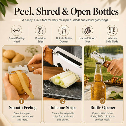 2026 upgrade 3-in-1 Vegetable Peeler with Wooden Handle, Stainless Steel Julienne Peeler and Scallion Shredder with Bottle Opener, Multi-Function Kitchen Peeler for Everyday Prep（1PCS)