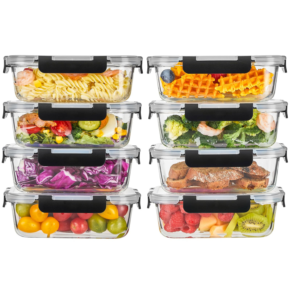 Liuruiyu 8 Pack Glass Food Storage Containers with Lids, Meal Prep Containers, Airtight Bento Boxes with Leak Proof Locking for Microwave, Oven, Freezer and Dishwasher, BPA Free