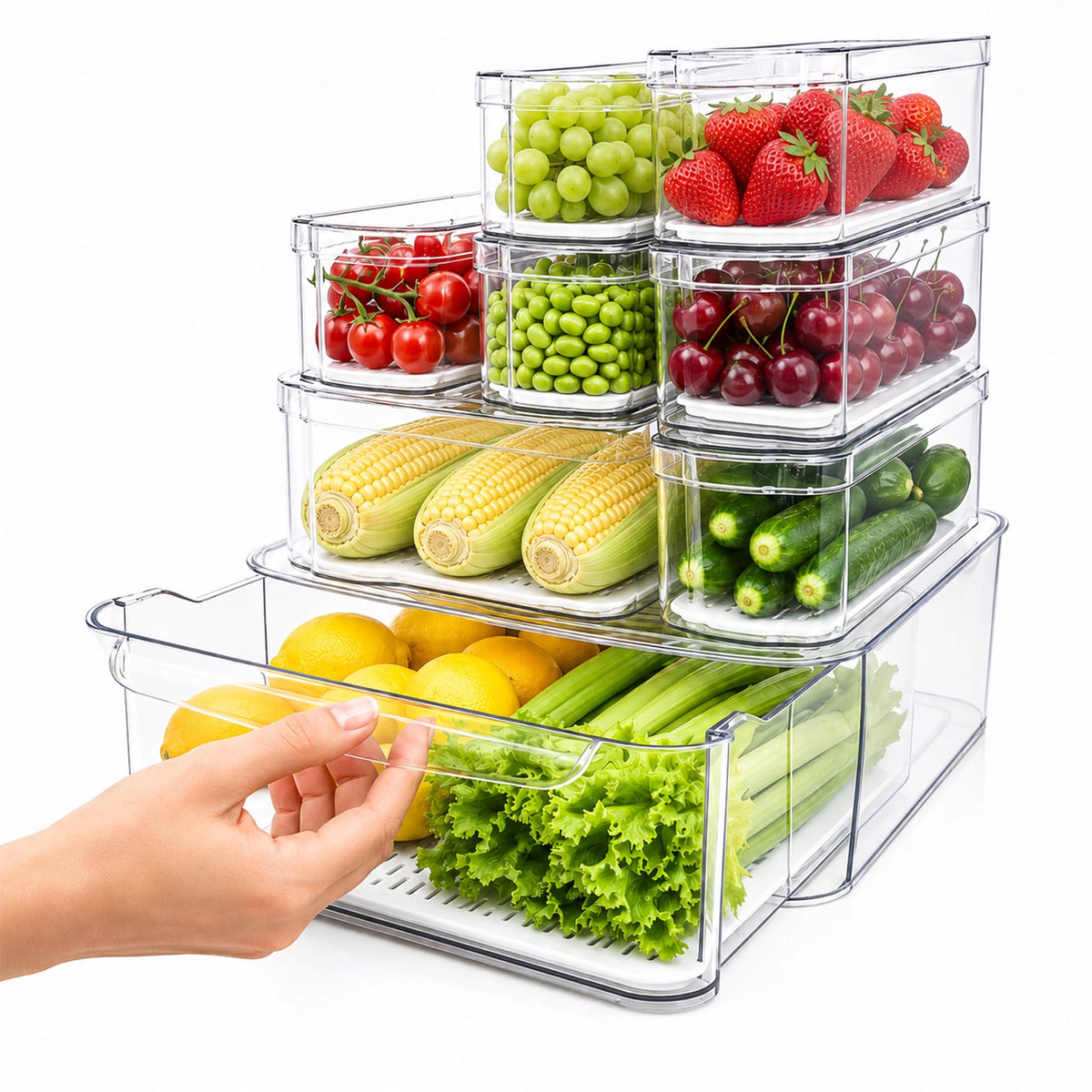 SMRCAD Clear Fridge Bins with Drain Trays - BPA-Free PET, Stackable(6 Pack)