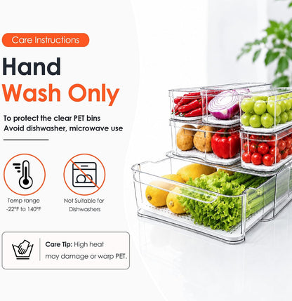 SMRCAD Clear Fridge Bins with Drain Trays - BPA-Free PET, Stackable(6 Pack)