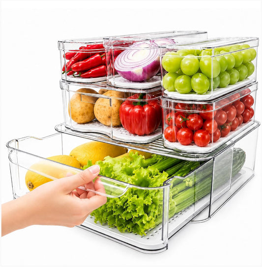 SMRCAD Clear Fridge Bins with Drain Trays - BPA-Free PET, Stackable(6 Pack)