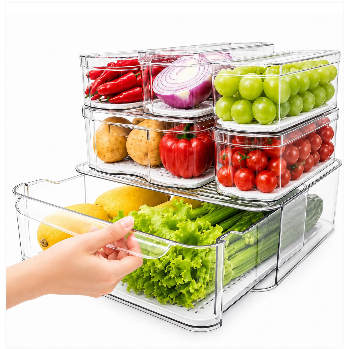 SMRCAD Clear Fridge Bins with Drain Trays - BPA-Free PET, Stackable(6 Pack)