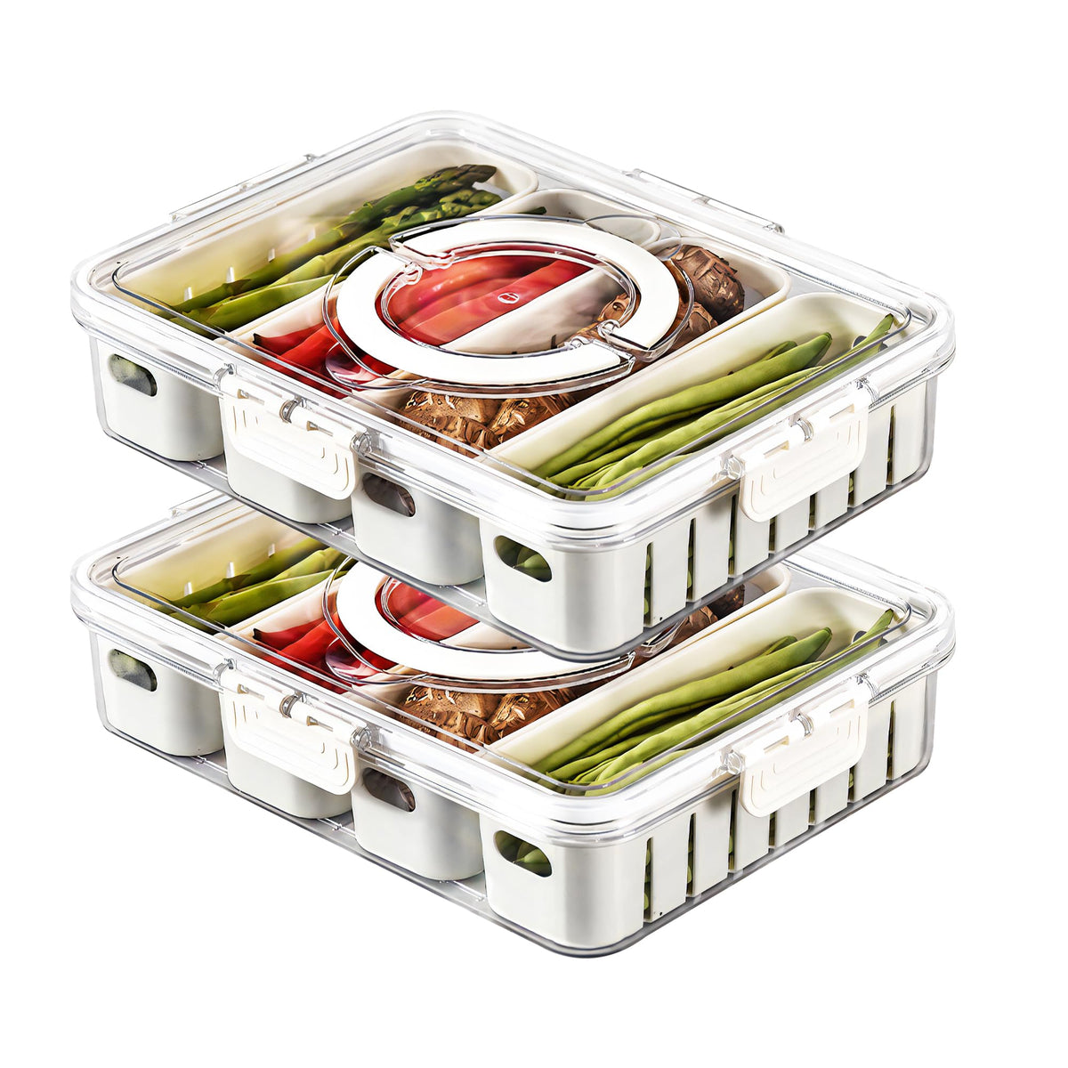 2Pack Divided Veggie Tray with Lid Snackle Box Serving Container Salad Keeper with 4 Removable Boxes Stackable Refrigerator Organizer Bins Produce Saver for Meal Prep Fruit