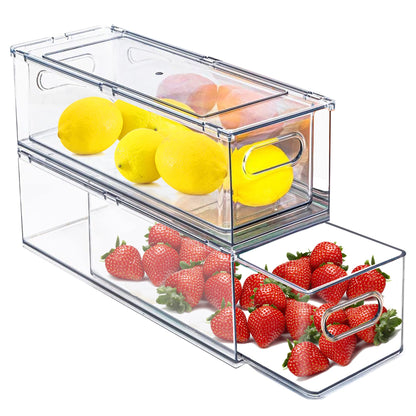Refrigerator Organizers and Storage, 2 Pack BPA-Free Sturdy Stackable Clear Pull out Drawer Organizer Bins, Fridge Organizers and Storage for Fruit, Produce, Drink, Snack and Food Storage Containers