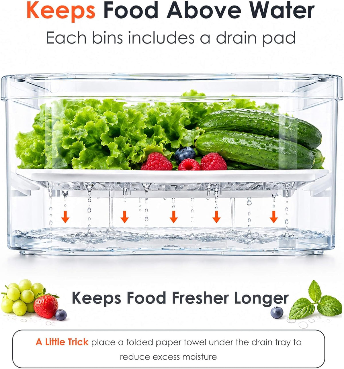 SMRCAD Clear Fridge Bins with Drain Trays - BPA-Free PET, Stackable(6 Pack)