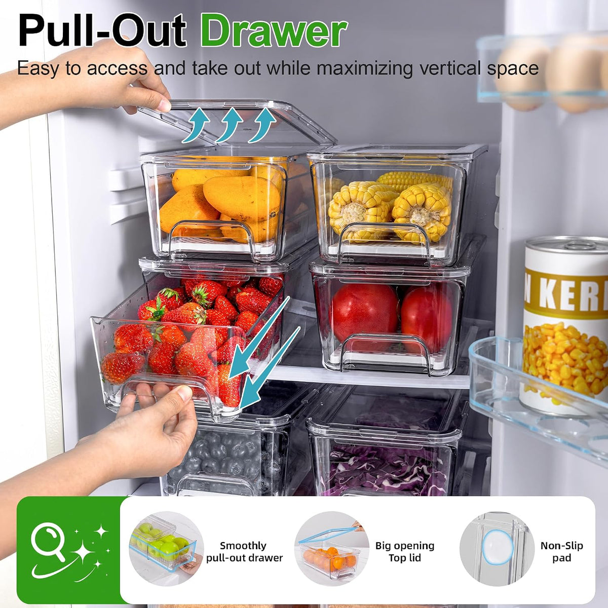 Fruit Storage Containers for Fridge with Pull-Out Organizer Bins, 4 pack