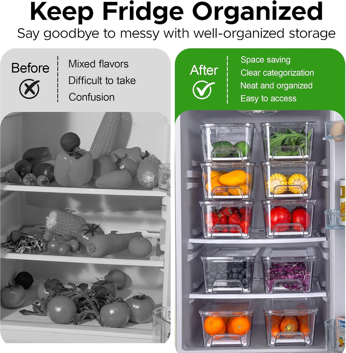 Fruit Storage Containers for Fridge with Pull-Out Organizer Bins, 4 pack