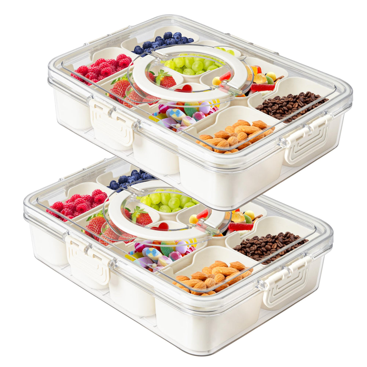 2Pack Divided Veggie Tray with Lid Snackle Box Serving Container Salad Keeper with 4 Removable Boxes Stackable Refrigerator Organizer Bins Produce Saver for Meal Prep Fruit