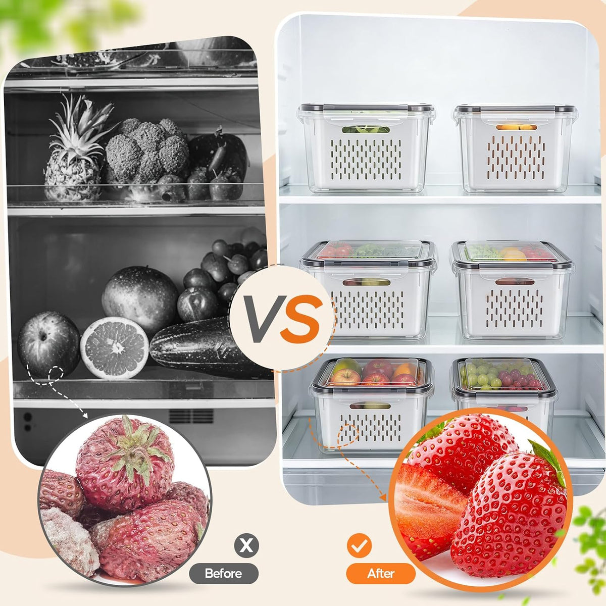 JSCARES Fruit Storage Containers for Fridge with Removable Colander, 6 Pack