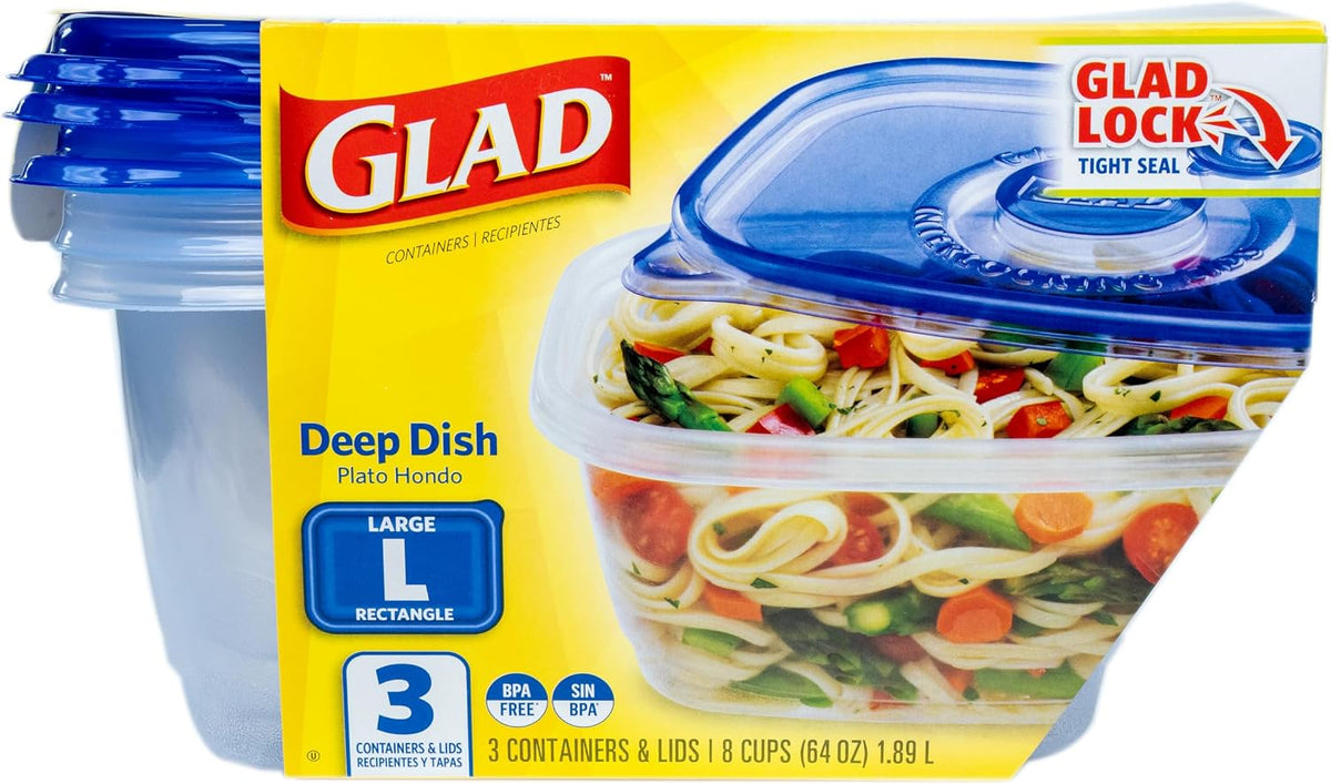 Glad GladWare Deep Dish Food Storage Containers, 64 Oz, 3 Count