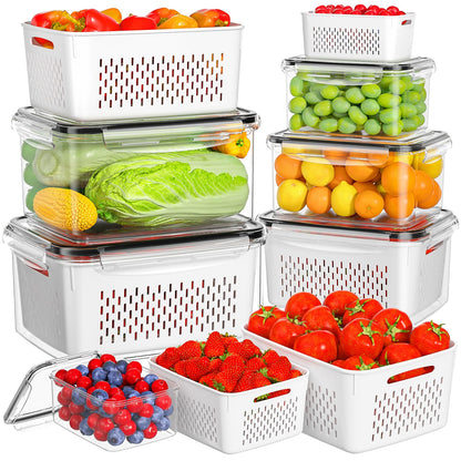 HOMETALL 8 Pack Fruit Storage Containers for Fridge, Produce Containers for Fridge with Colander, Leakproof Fridge Organizers and Storage for Berry Vegetable Salad Lettuce Meat Food