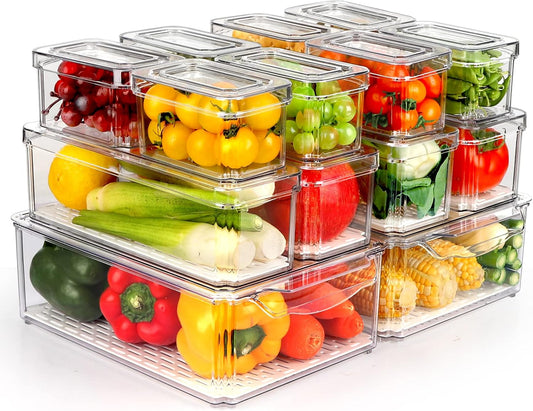ZIJUND 14 Pack Fridge Organizer Bins with Lids, Stackable Clear Storage