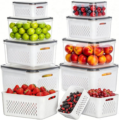 HOMETALL 8 Pack Fruit Storage Containers for Fridge, Produce Containers for Fridge with Colander, Leakproof Fridge Organizers and Storage for Berry Vegetable Salad Lettuce Meat Food