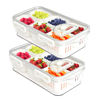 2Pack Divided Veggie Tray with Lid Snackle Box Serving Container Salad Keeper with 4 Removable Boxes Stackable Refrigerator Organizer Bins Produce Saver for Meal Prep Fruit