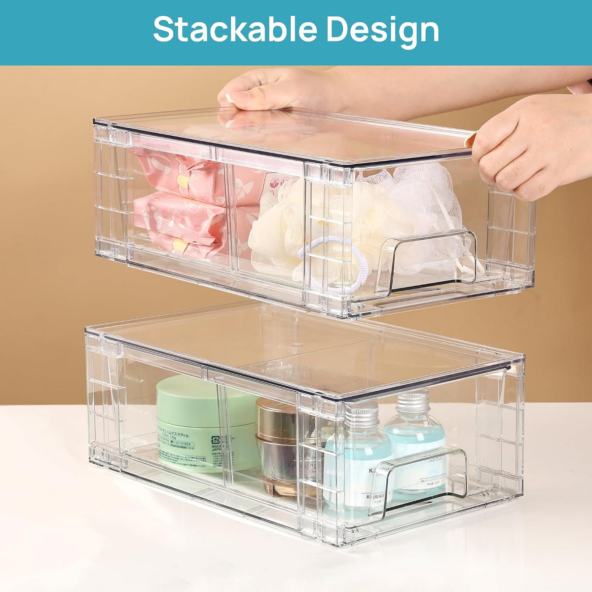 Vtopmart 4 Pack Stackable Clear Drawer with Dividers