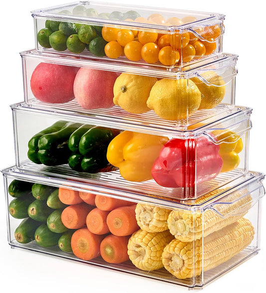 4 Piece Refrigerator Organizer Bins, Clear Fridge Organizers with Lids