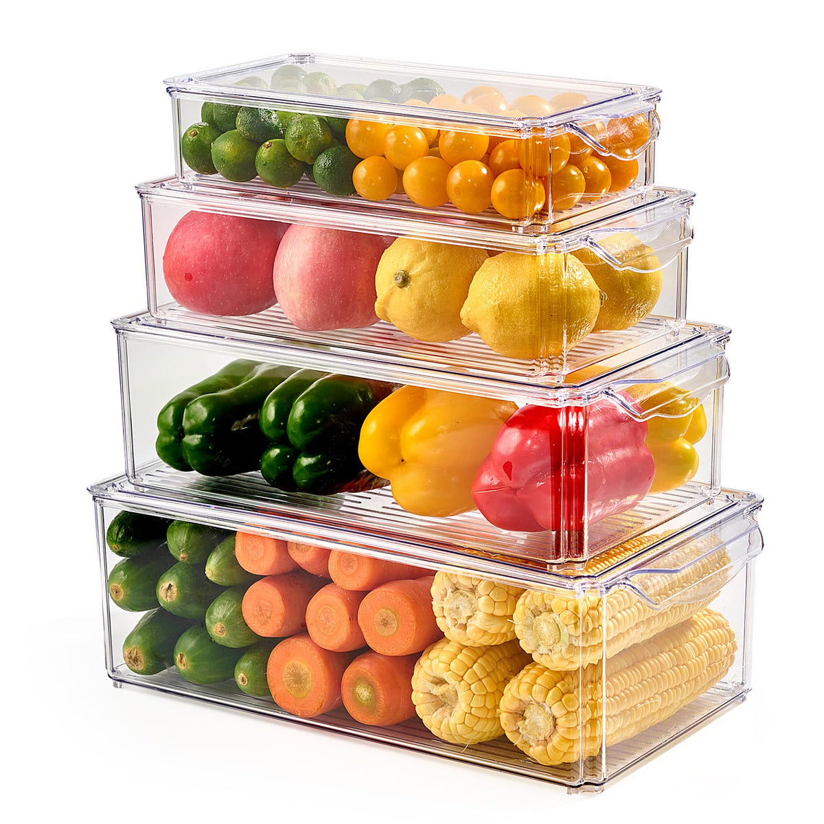 4 Piece Refrigerator Organizer Bins, Clear Fridge Organizers with Lids