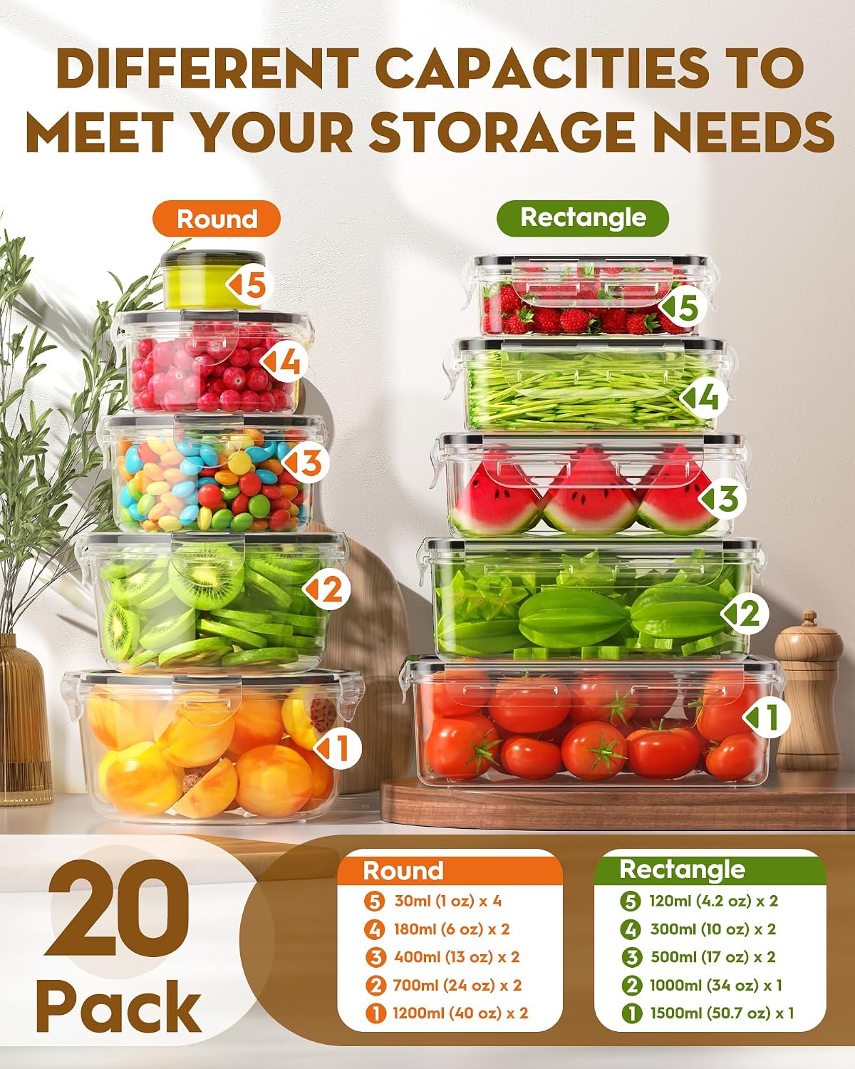 BiuLeon 40 PCS Food Storage Containers with Airtight Lids, BPA-free Plastic