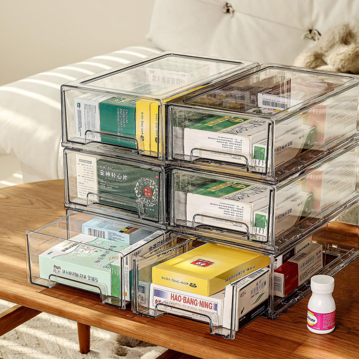 Pull Out Drawer Medicine Box for Safe Medication Storage, Large Refrigerator Storage Bin for Kitchen Food Safe, Tablet Box for Kids Home/Office Organize Ointments,2 Pack - Clear（ Medium）