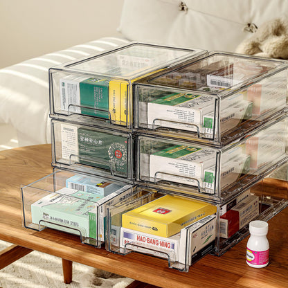 Pull Out Drawer Medicine Box for Safe Medication Storage, Large Refrigerator Storage Bin for Kitchen Food Safe, Tablet Box for Kids Home/Office Organize Ointments,2 Pack - Clear（ Medium）