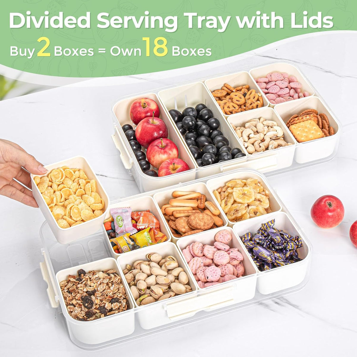 LUXEAR Snackle Box Container Dishwasher Safe Divided Serving Tray with Lid