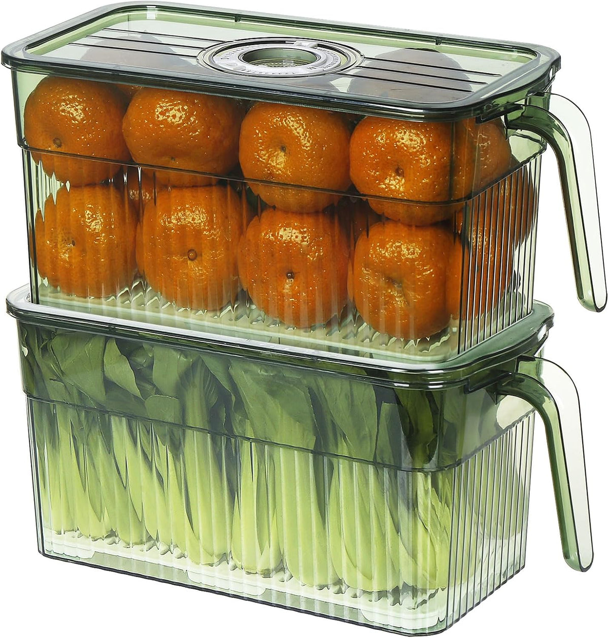 2Pack Stackable Food Storage Produce Saver Containers for Refrigerator, Berry Keeper Boxes for Fridge with Removable Drain Tray Keep Fresh for Vegetables/Fruit/Meat/Salad- 10.23'' x5.4'' x5.2''
