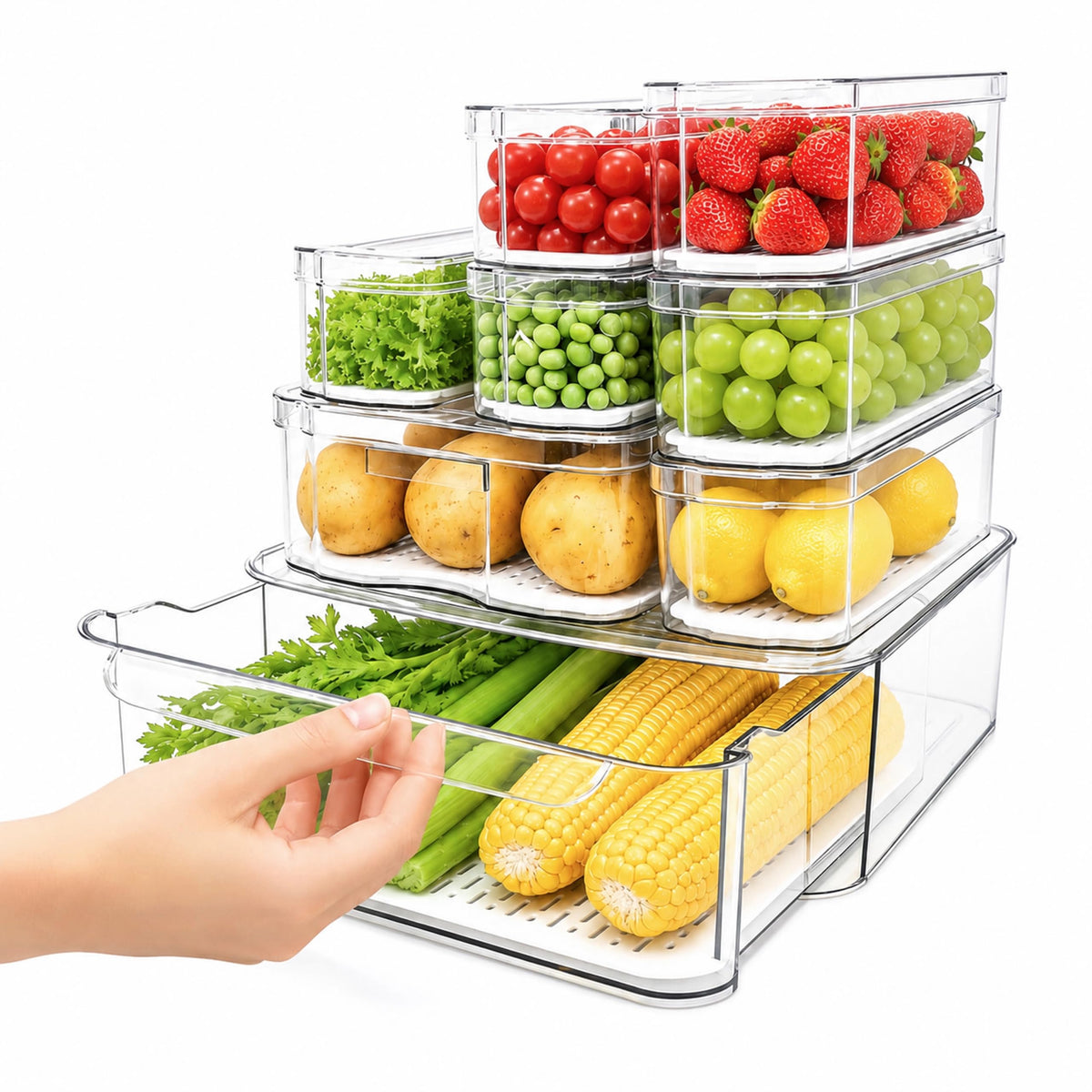 SMRCAD 6 Pack Clear Fridge Organizer Bins with Drain Trays - Stackable