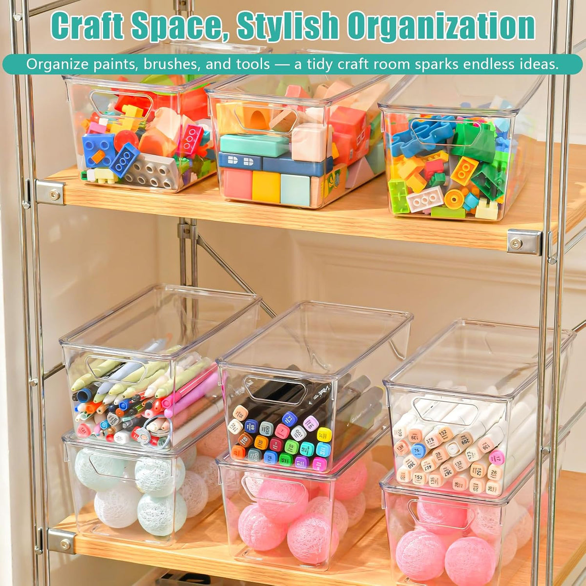 6 Pack Small Clear Storage Bins with Lids, Plastic Arts and Craft Storage Containers, Stackable Clear Plastic Craft Storage Bins with Handles for Classroom Storage Organization,Kitchen, Fridge, Office