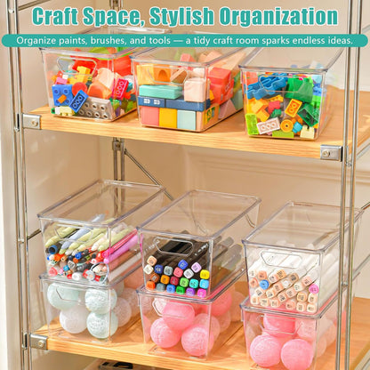 6 Pack Small Clear Storage Bins with Lids, Plastic Arts and Craft Storage Containers, Stackable Clear Plastic Craft Storage Bins with Handles for Classroom Storage Organization,Kitchen, Fridge, Office
