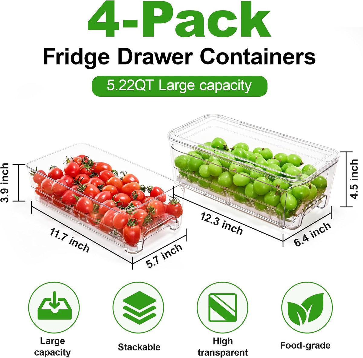 Fruit Storage Containers for Fridge with Pull-Out Organizer Bins, 4 pack
