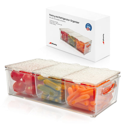 Pikanty Clear Refrigerator Organizer Bin with Handles — 11 Inch Compact Stackable Fridge and Pantry Storage Container for Snacks, Yogurt, Condiments, Dishwasher Safe, Made in USA
