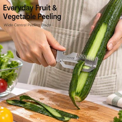 Vegetable Peeler With Wooden Handle, Stainless Steel Wide Blade Potato and Carrot Peeler, 3-in-1 Veggie Peeler With Scallion Shredder and Bottle Opener for Kitchen, Camping and Travel 2026 Upgrade