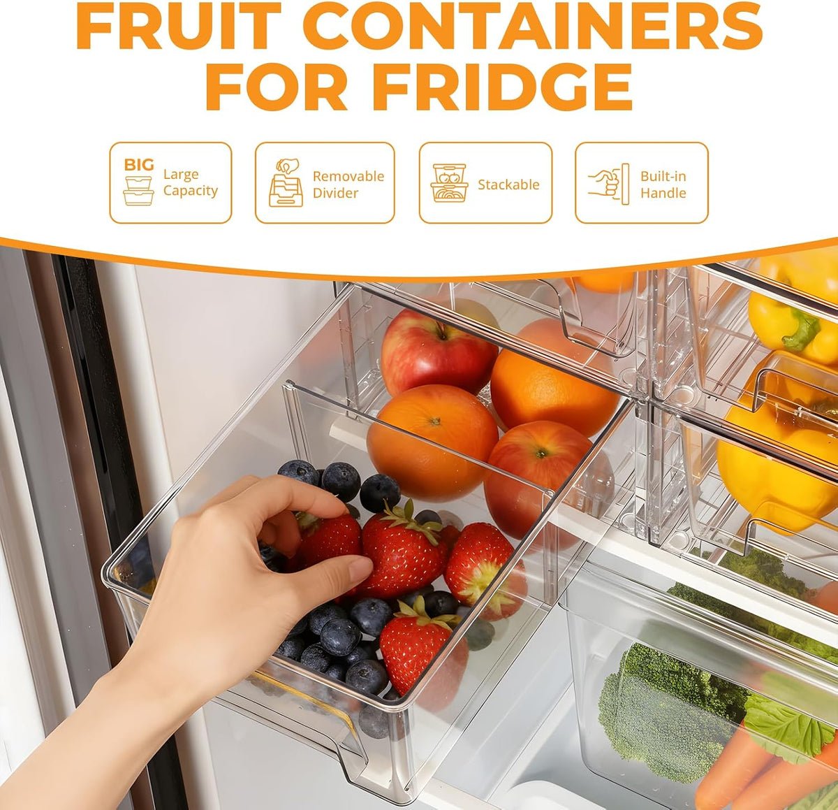 2 Pack Stackable Storage Drawers,Plastic Organizers Bins, Drawers Storage with Handles and Movable Dividers for Organization and Storage in Fridge,Bathroom, Pantry, Kitchen Cabinets, Under Sink
