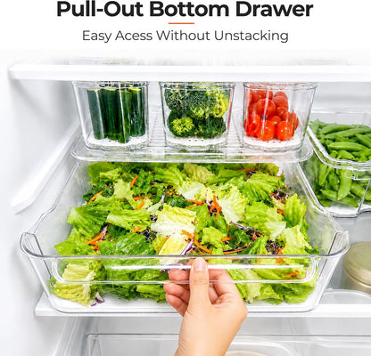 SMRCAD Clear Fridge Bins with Drain Trays - BPA-Free PET, Stackable(6 Pack)